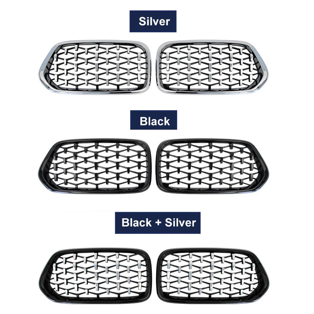 1 Pair Left Right Front Diamond Kidney Grill Racing Grilles Gloss Black For BMW X2 F39 2018 2019 2020 2021 Meteor Style