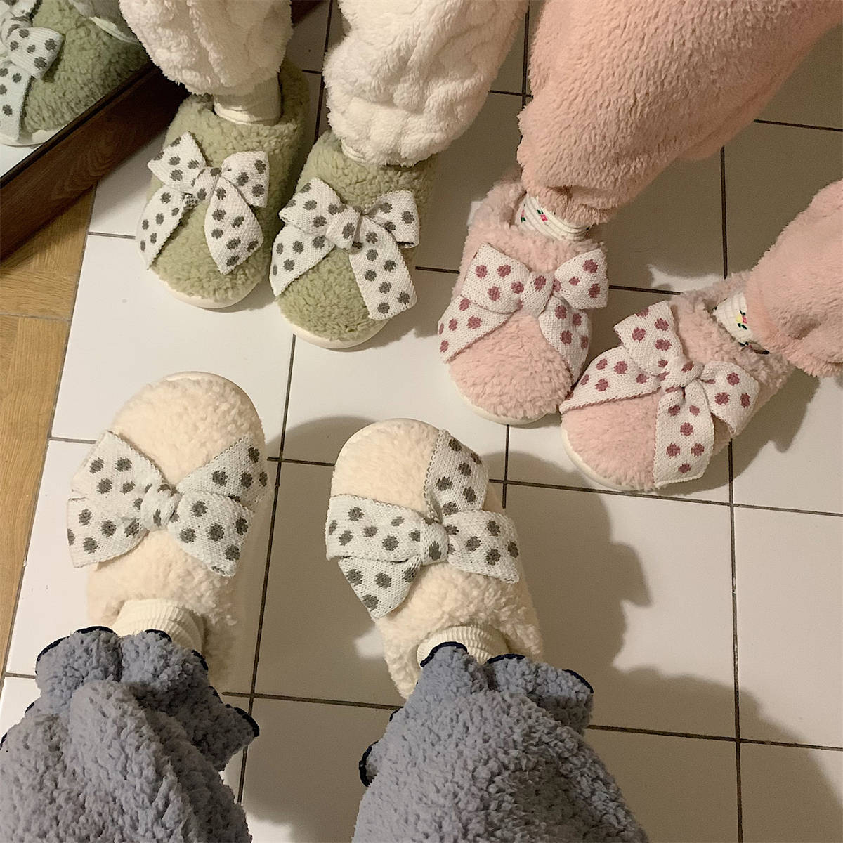 Bow Winter toe wrap Warm cotton slippers Soft-soled slippery women's indoor floor flat house non-slip shoes