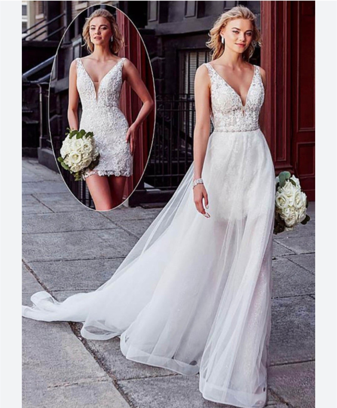 V-Neck Short Lace Wedding Dress With Long Detachable Tulle Skirt 2025 2 In 1 Bohemian Beach Bridal Gown Sleeveless Modern Robe De Mariee