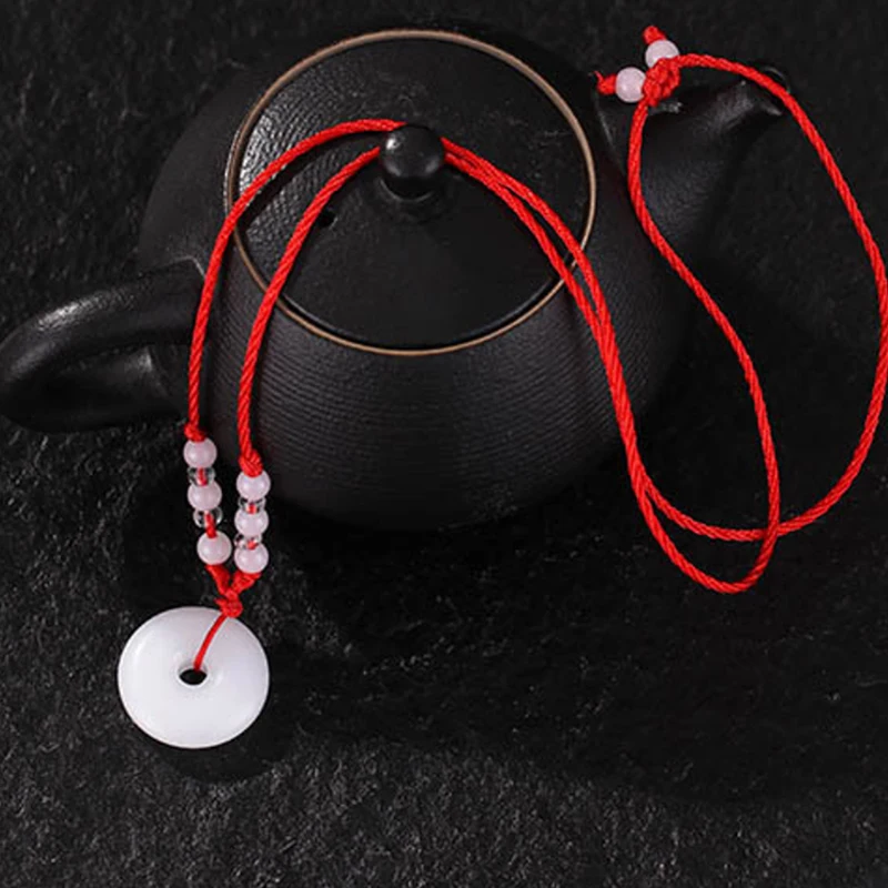 Buddhist White Jade Hand Woven Pendant Necklace Lotus Guanyin Buddha Long Life Lock Pendant Lucky Necklace
