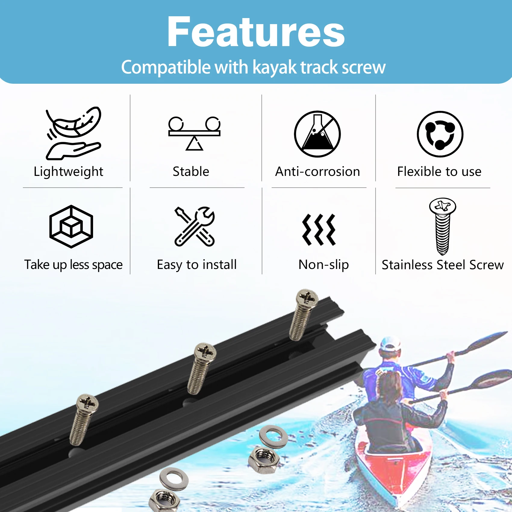 Aventik 4" 8" 12"and 16" Light Medium Duty Polymer Kayak Mount Track Compatible with 1/2" Wide Kayak Track Screw