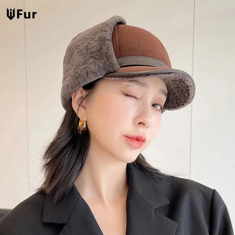 Real fur wool hat for men in winter warm bomber Russian Usanka hat with ear flaps cowhide thick snow earrings baseball cap 241031