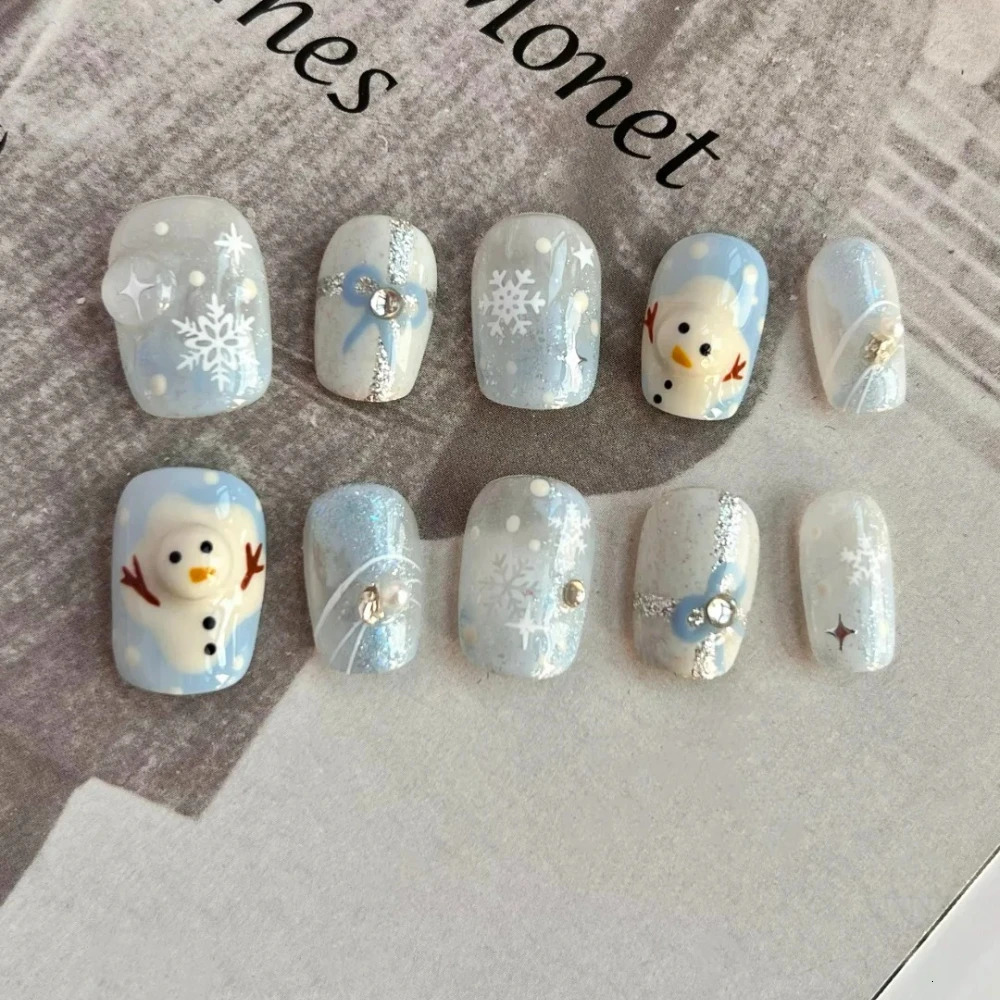 10 Handmade Pressing Nails Christmas Nails Cute 3D Snowman Short Square Limited Fake Nail n Art DIY Nail Set 241031