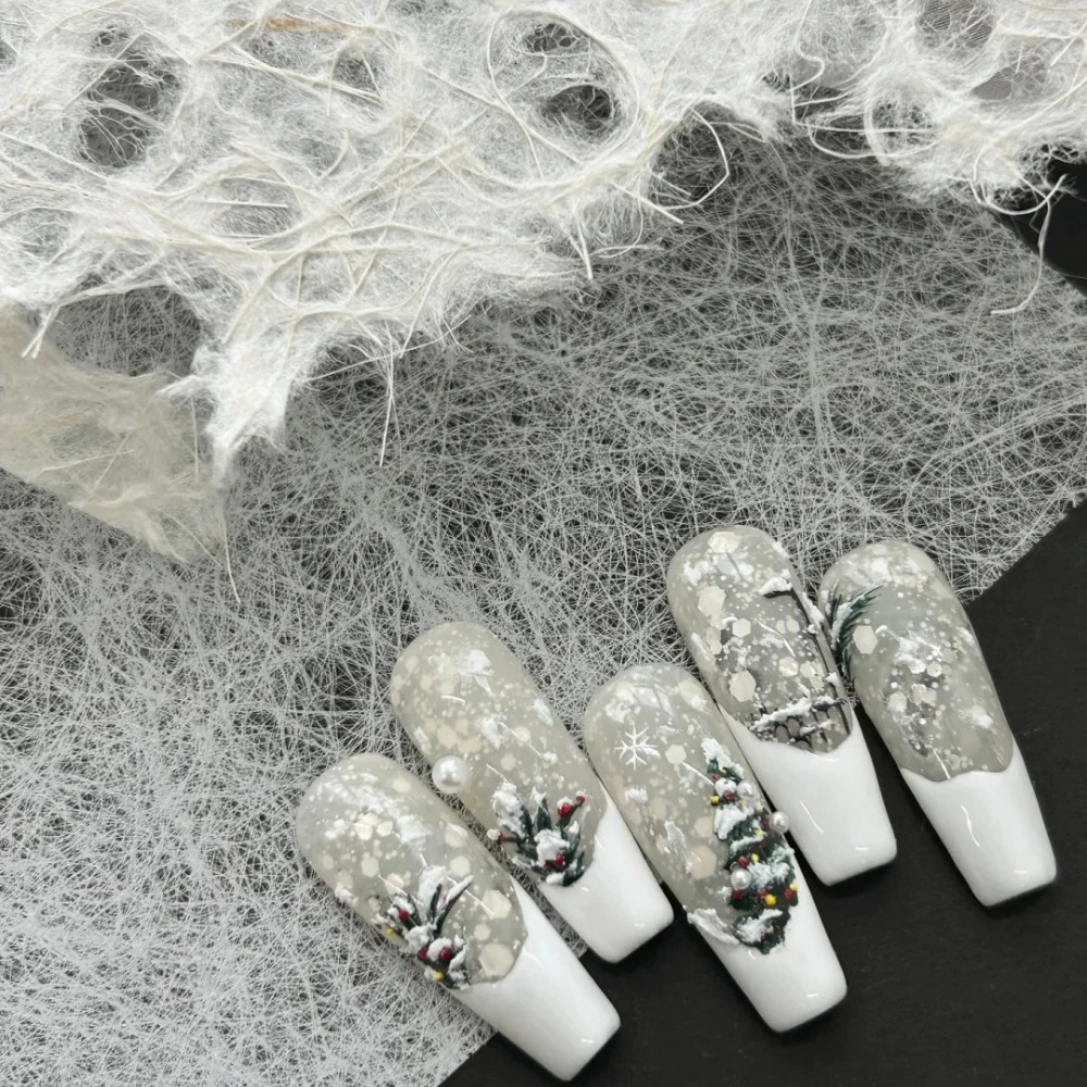 10 handmade press nails handmade French white long coffin fake nails Christmas and Year limited edition nail n with set 241031