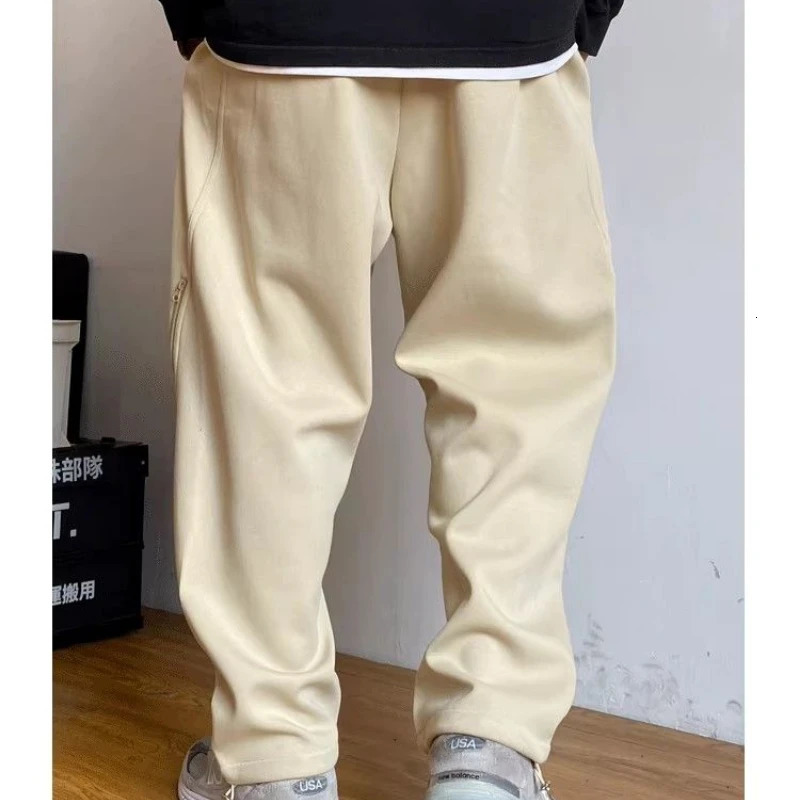 Spring and autumn mens solid color elastic high waist pocket zipper casual fashion goods drawstring pants 241030