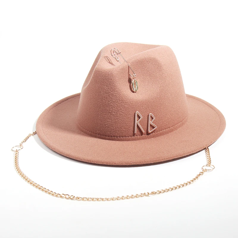 New Luxury Desige Letter Fedora Hat For Women Metal Chain Decor Jazz Hat Party Church Caps