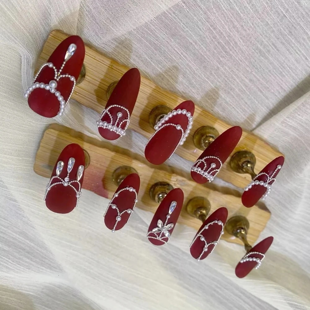 10 handmade pressed nails handmade long almond fake nails Christmas and Year limited edition red diamond nail n with set 241031