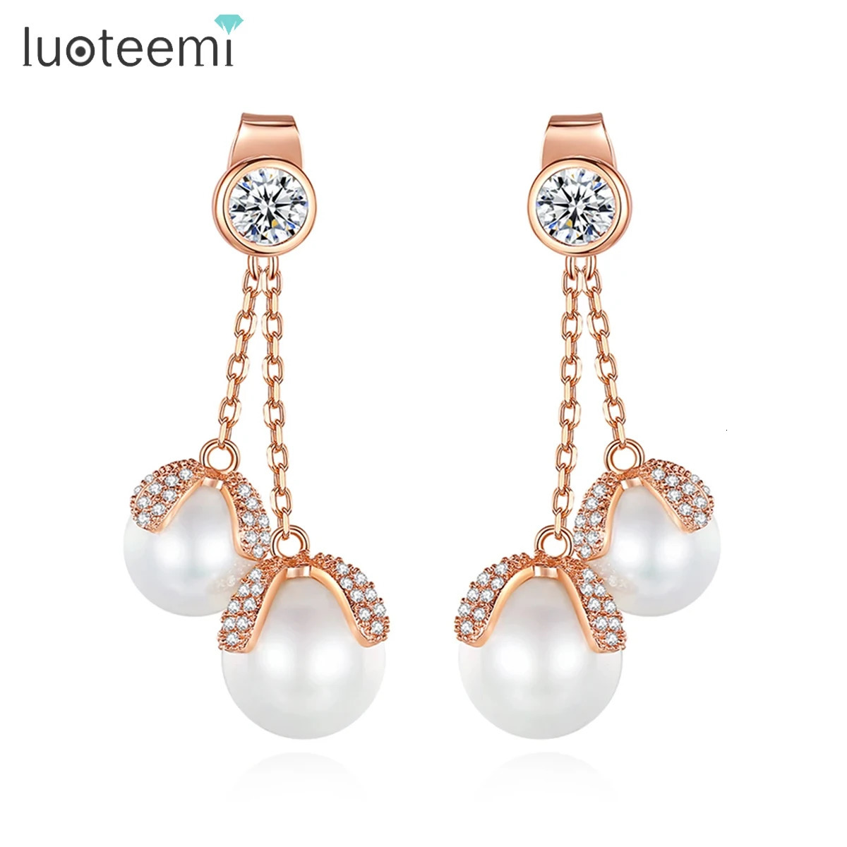 LUOTEEMI Double Pearl Cubic Zirconia Tassel Womens Pendant Earrings Rose Gold Wedding Fashion Jewelry Christmas 241031