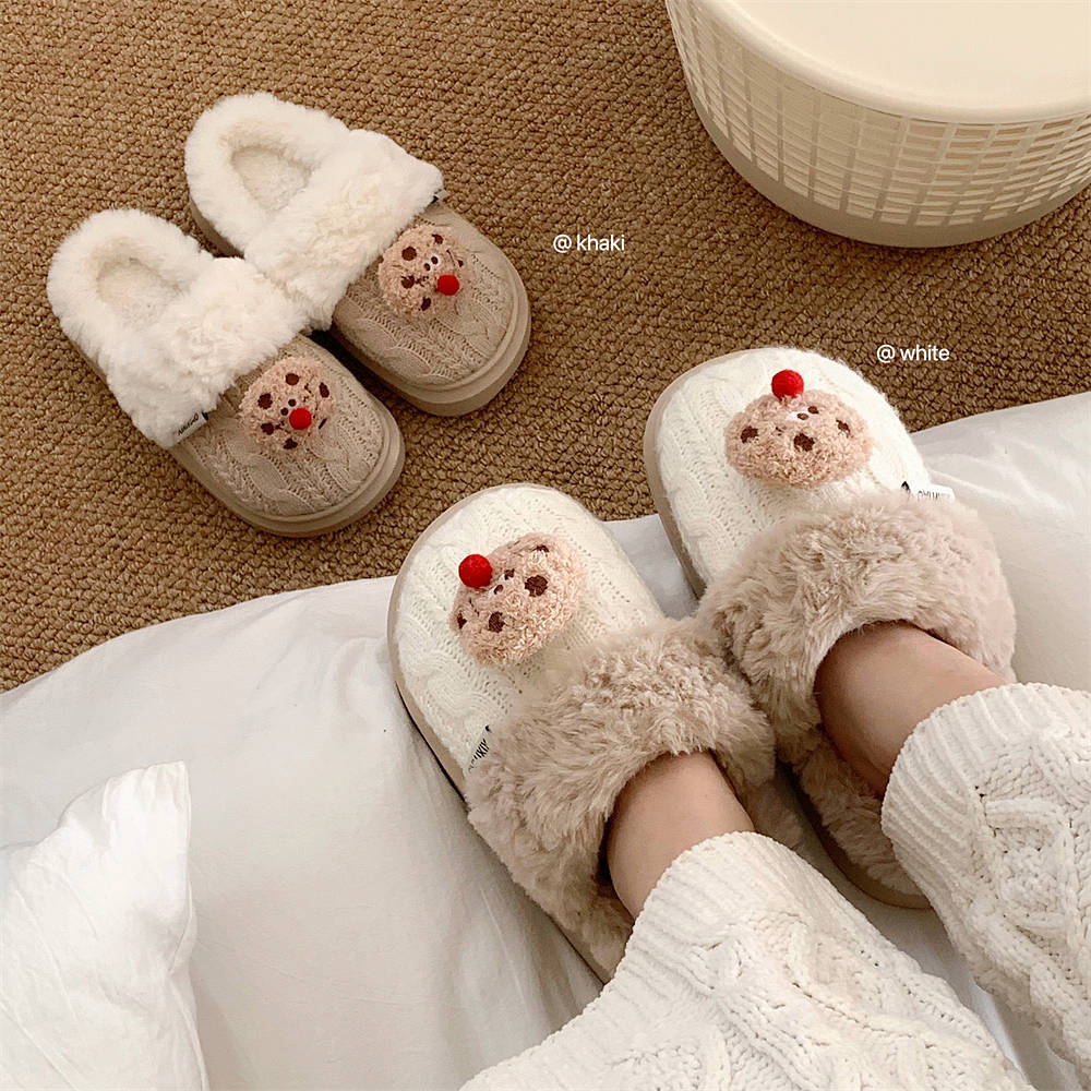 Women's winter trend Red Nose cookies Fluffy cotton slippers Warm and fun cotton slippers for the home bedroom in winter