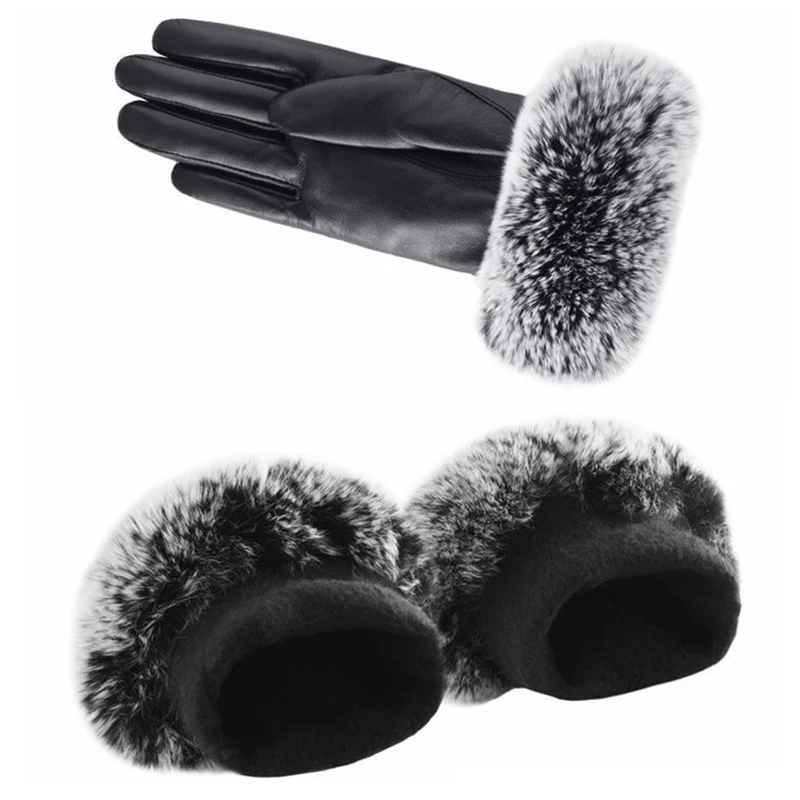 Winter Gloves Faux Men Rabbit PU Leather Touch Screen Mittens Lady Female Outdoor Driving Warm Gloves smile