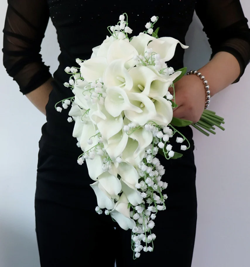 AYiCuthia Royal White Wedding Bouquet Waterfall Artificial Flowers White Bridal Pearl Bride Bouquet Fleur Mariage