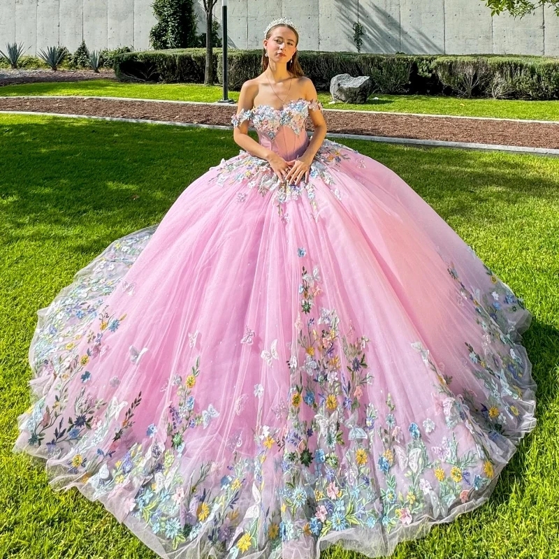 Pink Shiny Quinceanera Dresses Ball Gown Sweetheart Applique Lace Beading Bow Tulle Lace-Up Backless Party Princess Sweet 16 Dress Vestidos De 15 anos