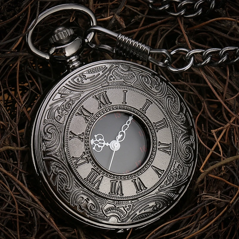 Vintage Pocket Watch Antique Roman Number Quartz Steampunk Pocket Watches Black Hollow Out Pendant Clock Chain Necklace Men Gift