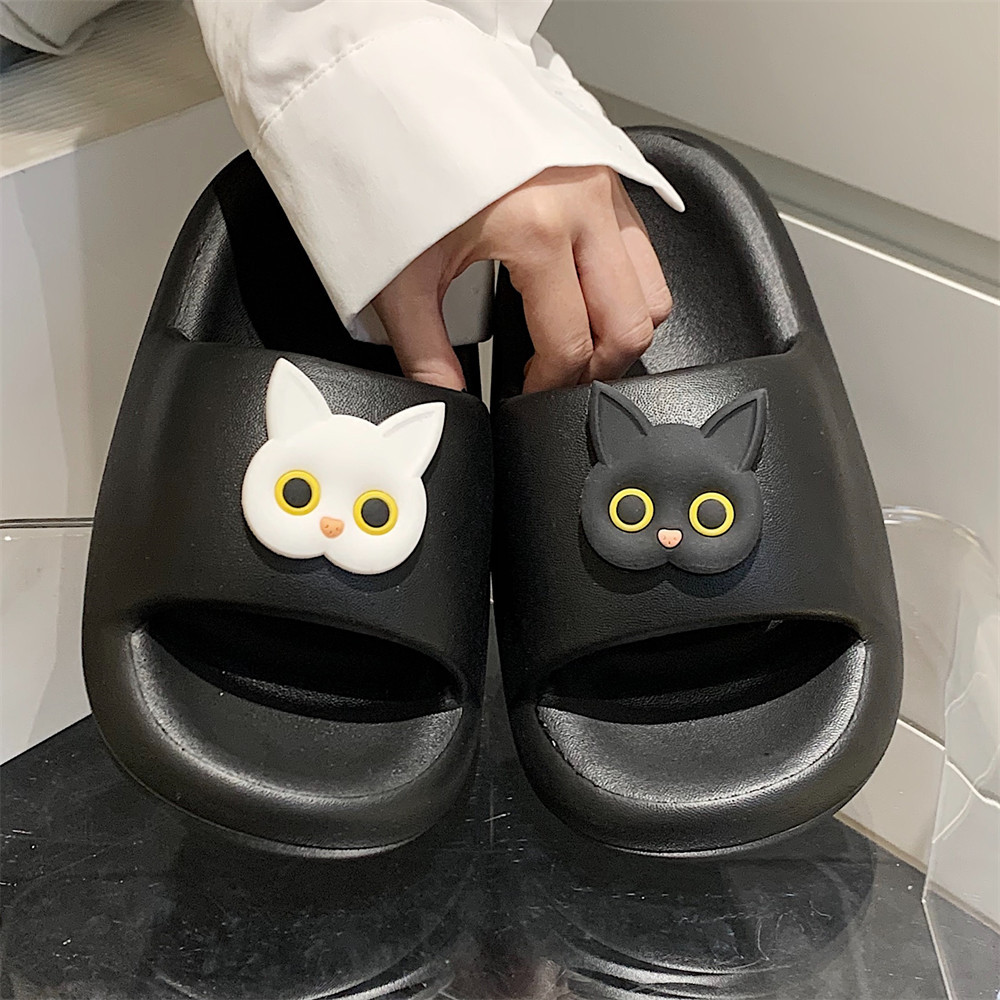 Soft bottom home summer slippers female cartoon slippers three-dimensional soft cute fun black and white kitten indoor street sandals girl slippers