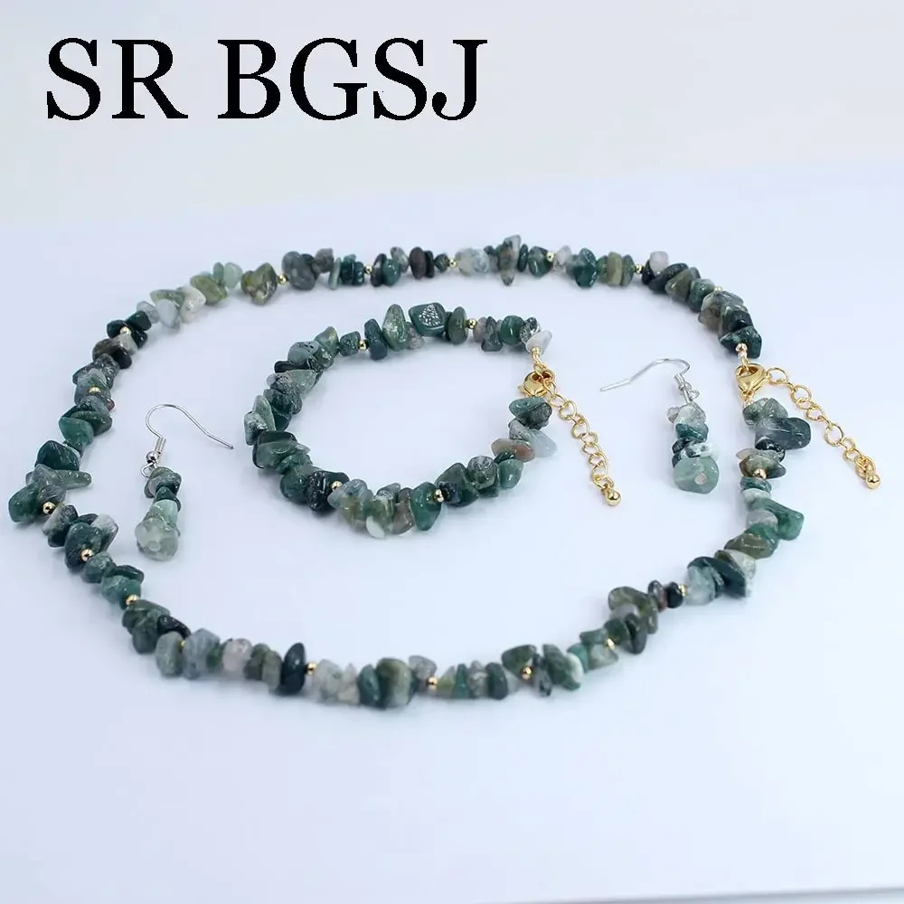6-8mm green moss agate natural gemstone womens necklace bracelet jewelry set 17.5 7-8 241031