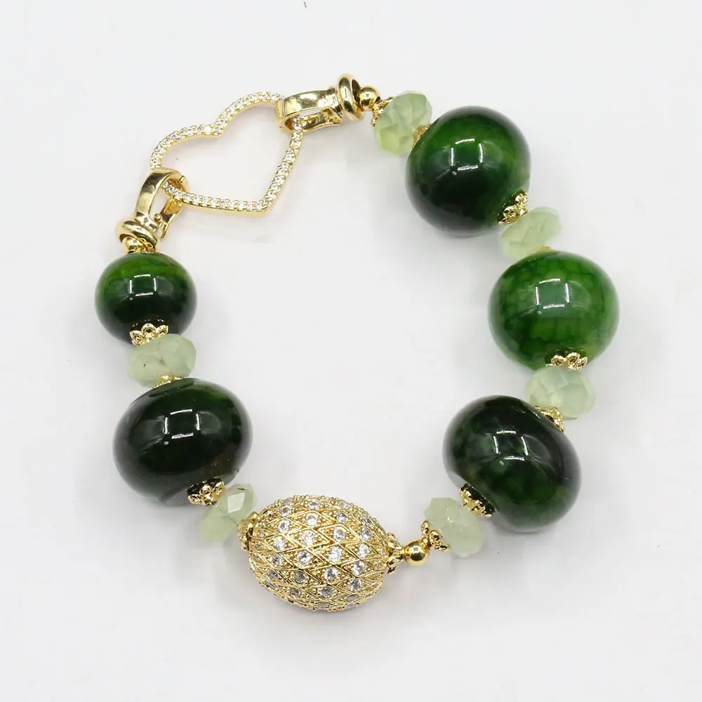 Guai Jewelry Natural Green Prehnite Jade Polishing Raw Agate Smooth Rondelle CZ Bead Necklace Bracelet Earring Set 241031
