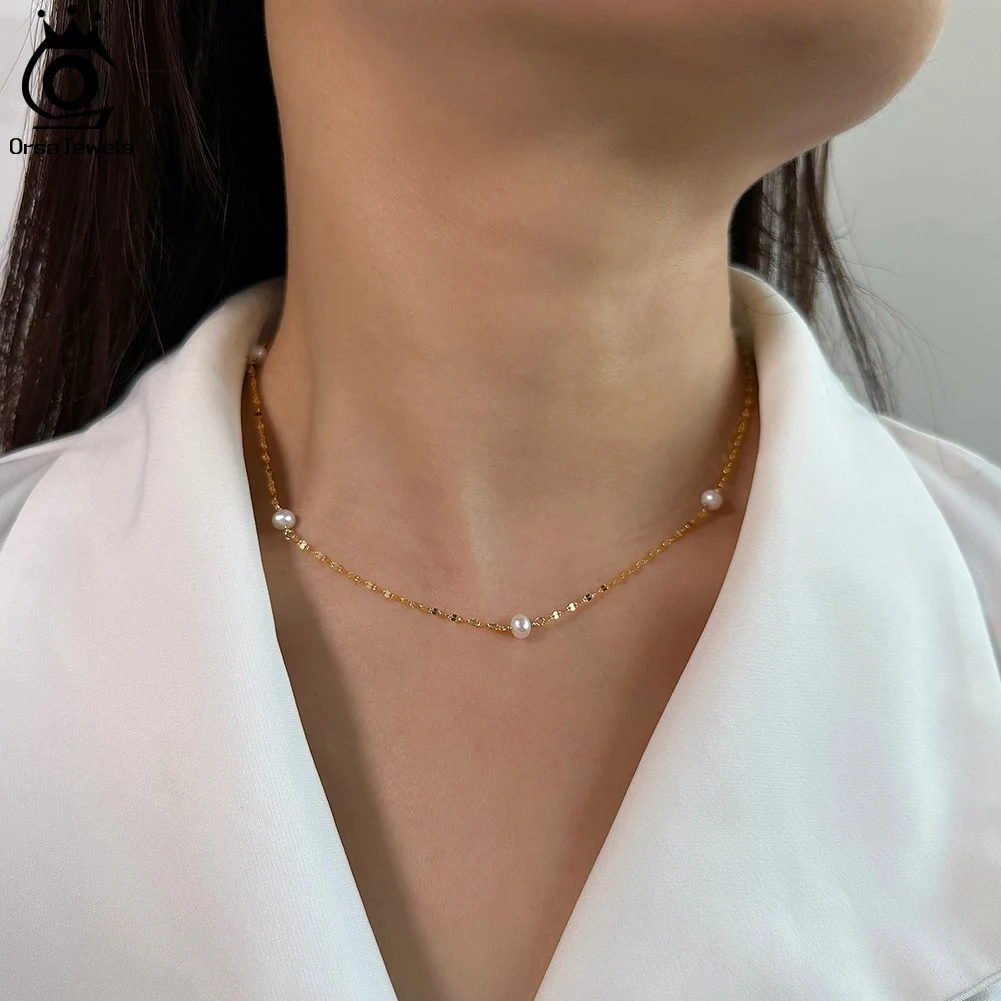 ORSA JEWELS 14K Gold 925 Sterling Silver Choker Pearl Necklace Handmade 5mm Natural Baroque Pearl Chain for Women Jewelry GPN35