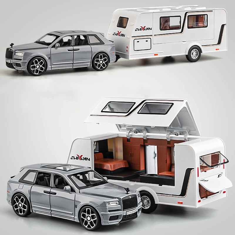 1:32 Rolls Royce Cullinan Trailer RV Alloy Car Model Diecast Metal Off-road Camper Vehicle Model Sound and Light Kids Toys Gift