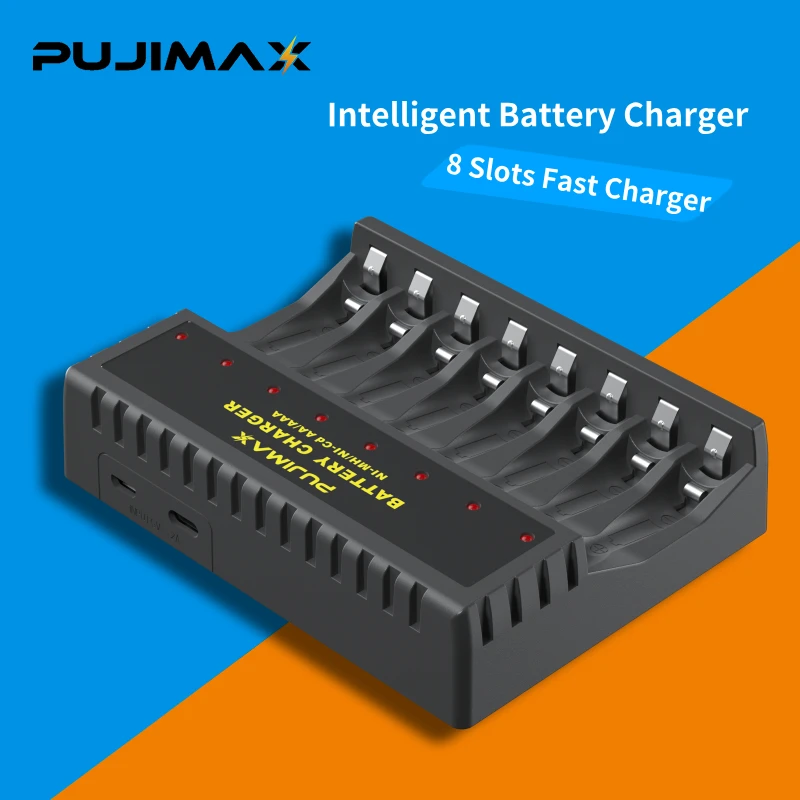 PUJIMAX 8-Slot Battery Charger LED Independent Show Charging Status for 1.2V AA/AAA Rechargeable Batteries with Micro USB Cable