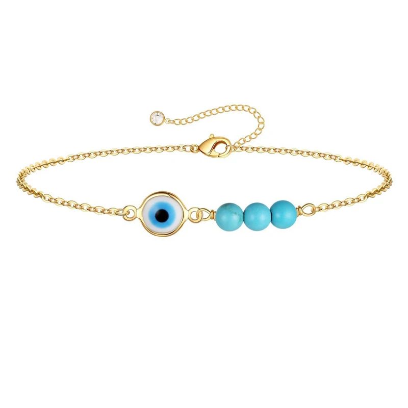Dainty Gold Bracelet for Women 14K Gold Plated Evil Eye Turquoises Charm Bracelet Satellite Chain Jewelry Cute for Girls Women