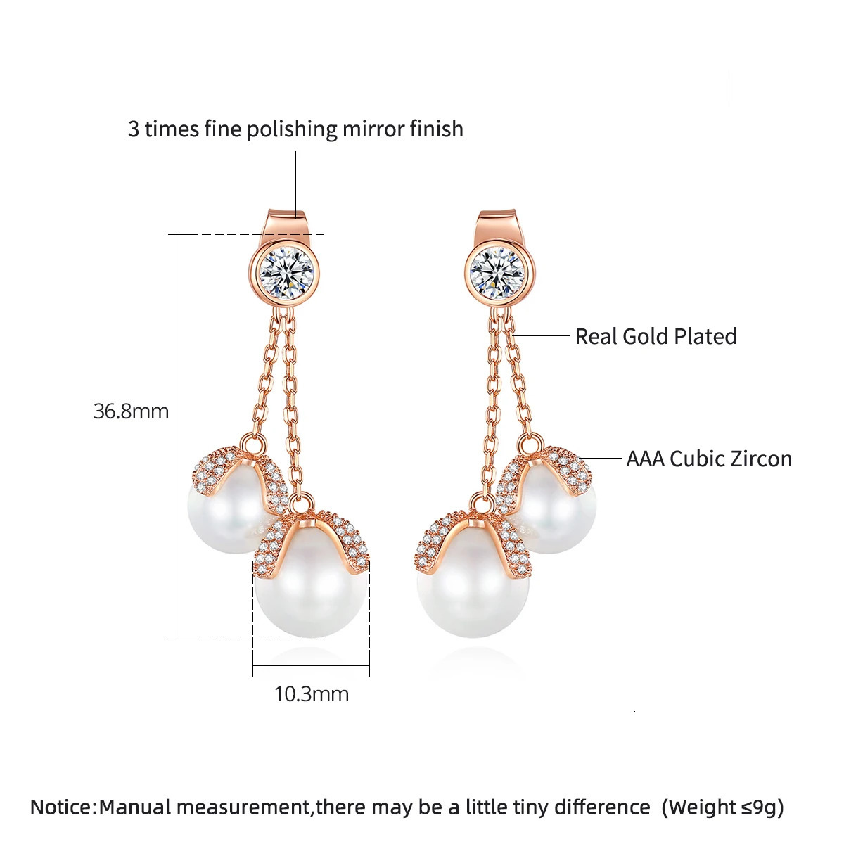 LUOTEEMI Double Pearl Cubic Zirconia Tassel Womens Pendant Earrings Rose Gold Wedding Fashion Jewelry Christmas 241031