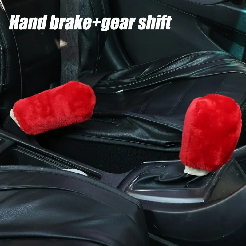 2Pcs Car Handbrake Grip Covers Knob Cover Handle Plush Sleeve Winter Soft Warm Hand Brake Interior Gear Shift Collars