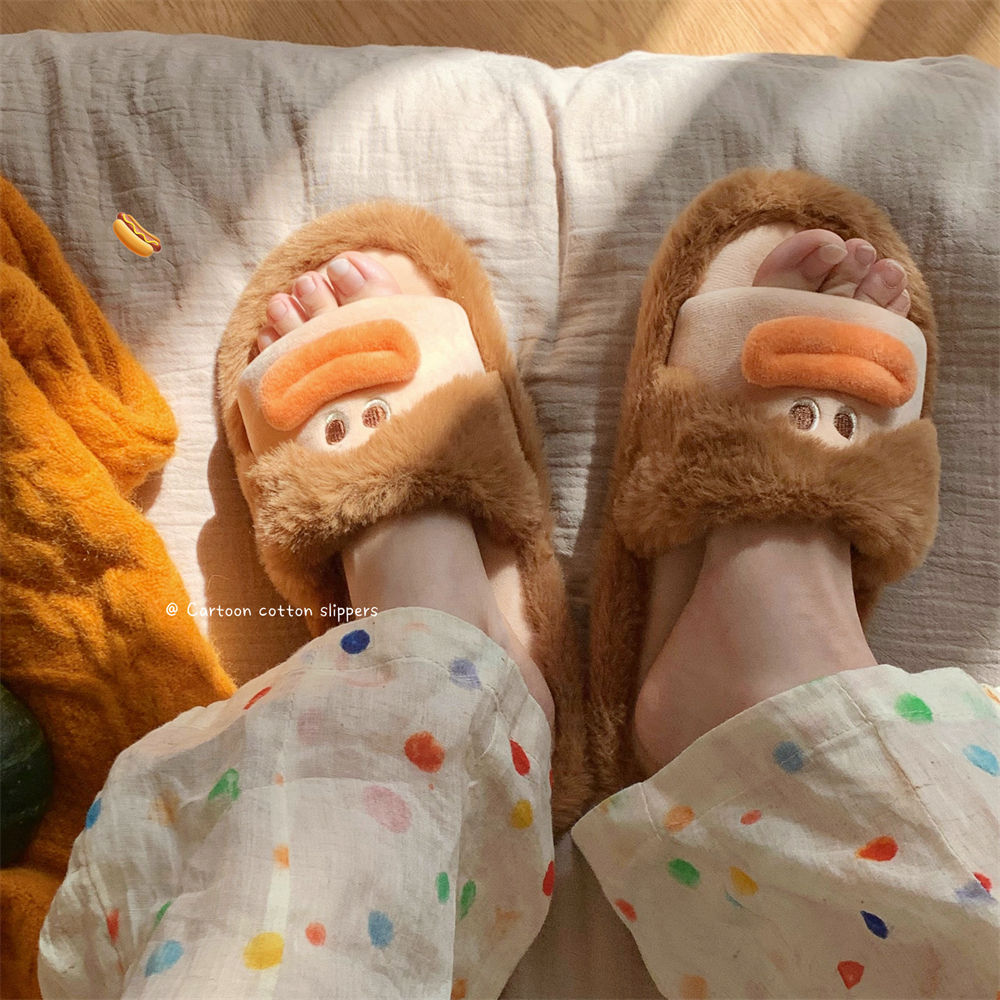 Women's winter trend creative fun sausage mouth fluffy cotton slippers home bedroom warm and interesting cotton slippers in winter