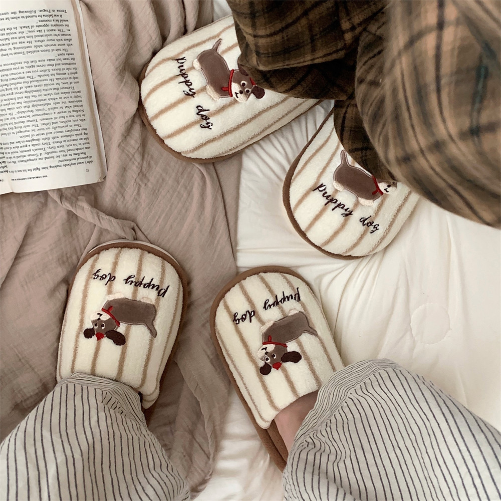 Casual Fluffy slippers for Ladies Home flats Cute little doggie Day contrasting color Stripes for girls Fashion Winter Slippers for houses Warm shoes