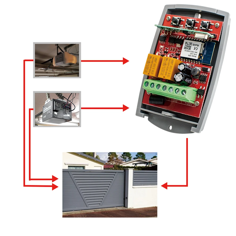 Universal 433MHz Fixed Rolling Code Receiver 2CH WIFI Smart Garage Door Opener 433.92 Gate Controller Tuya App Remote Control