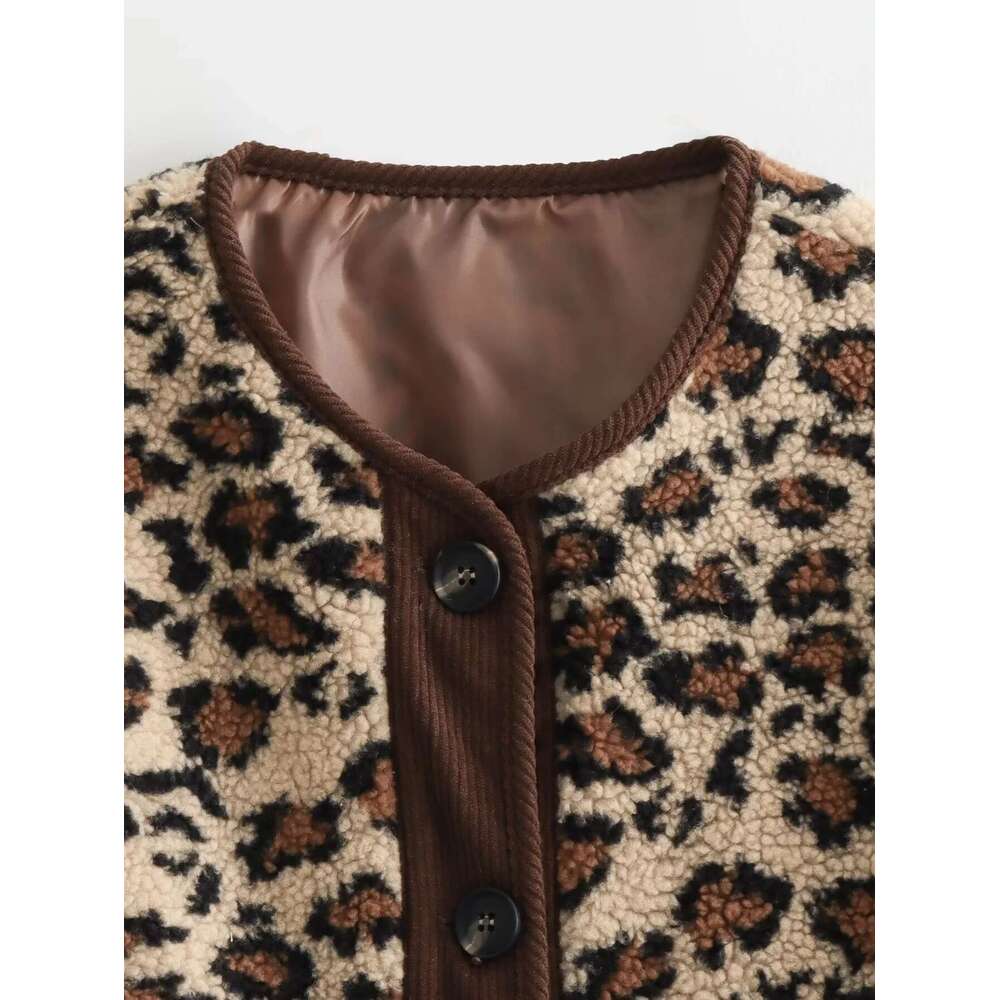 Women's European and American leopard print windbreaker casual loose cardigan jacket long sleeved warm thickened pocket button designer jacket