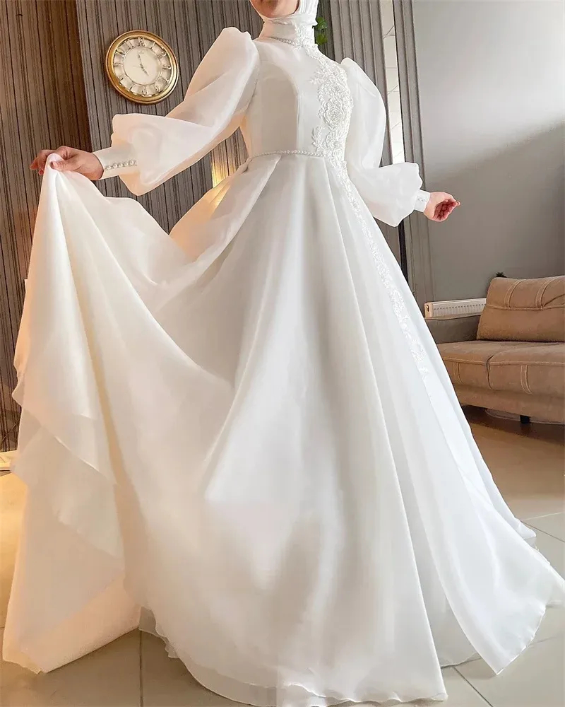 Modest Muslim Wedding Dresses Long Sleeves High Neck Lace Appliques Ivory Organza Bridal Gown Arabic Islamic A Line Court Trian Vestido De Novia Custo