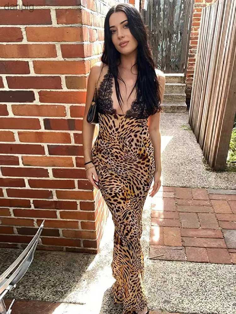 Urban Sexy Dresses Fashionable lace leopard patch work strap long dress for womens 2024 sexy V-neck backless dress elegant womens party tight fitting 