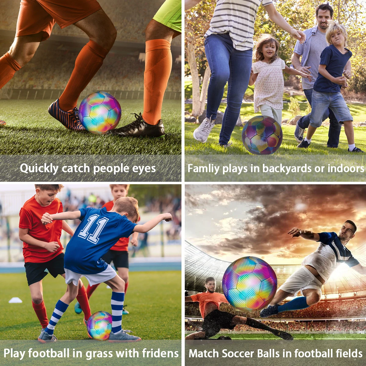 Reflective Football Holographic Luminous Soccer Ball Night Outdoor Sports Glowing Standard Soccer Size 5 for Kids Adult Training