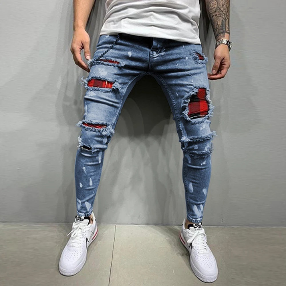 Mens Vintage Streetwear Paneled Ripped Casual Denim Pants European and American Zipper Skinny Jeans 240319