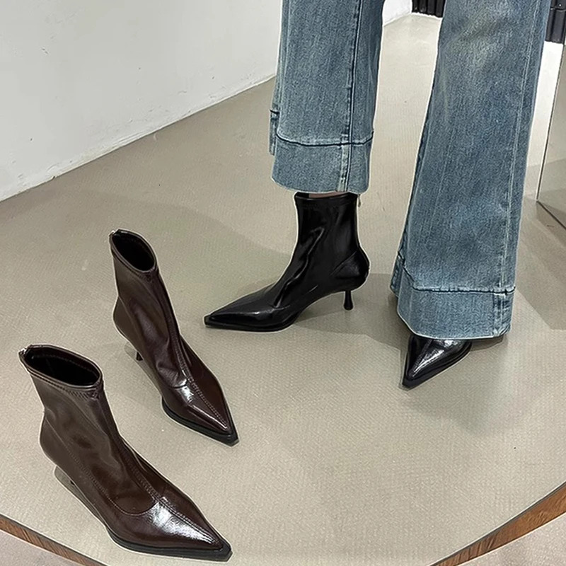 Spring Autumn Women Ankle Boots Fashion Pointed Toe Thin High Heel Ladies Dancing Party Stripper Shoes