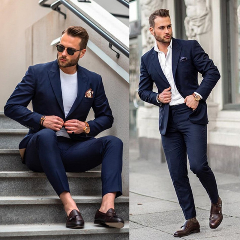 Navy Blue Wedding Suit Male Slim Fit Bridegroom Tuxedos For Men Casual Groomsmen Suits Formal Business 2 Piece ( Jacket+Pants )