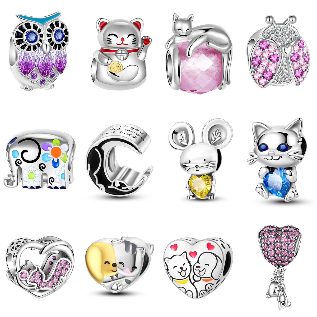 925 Sterling Silver Cat Dog Elephant Owl Animal Series Beads Fit Original Pandora Charm Bracelet Women Jewelry DIY Gift