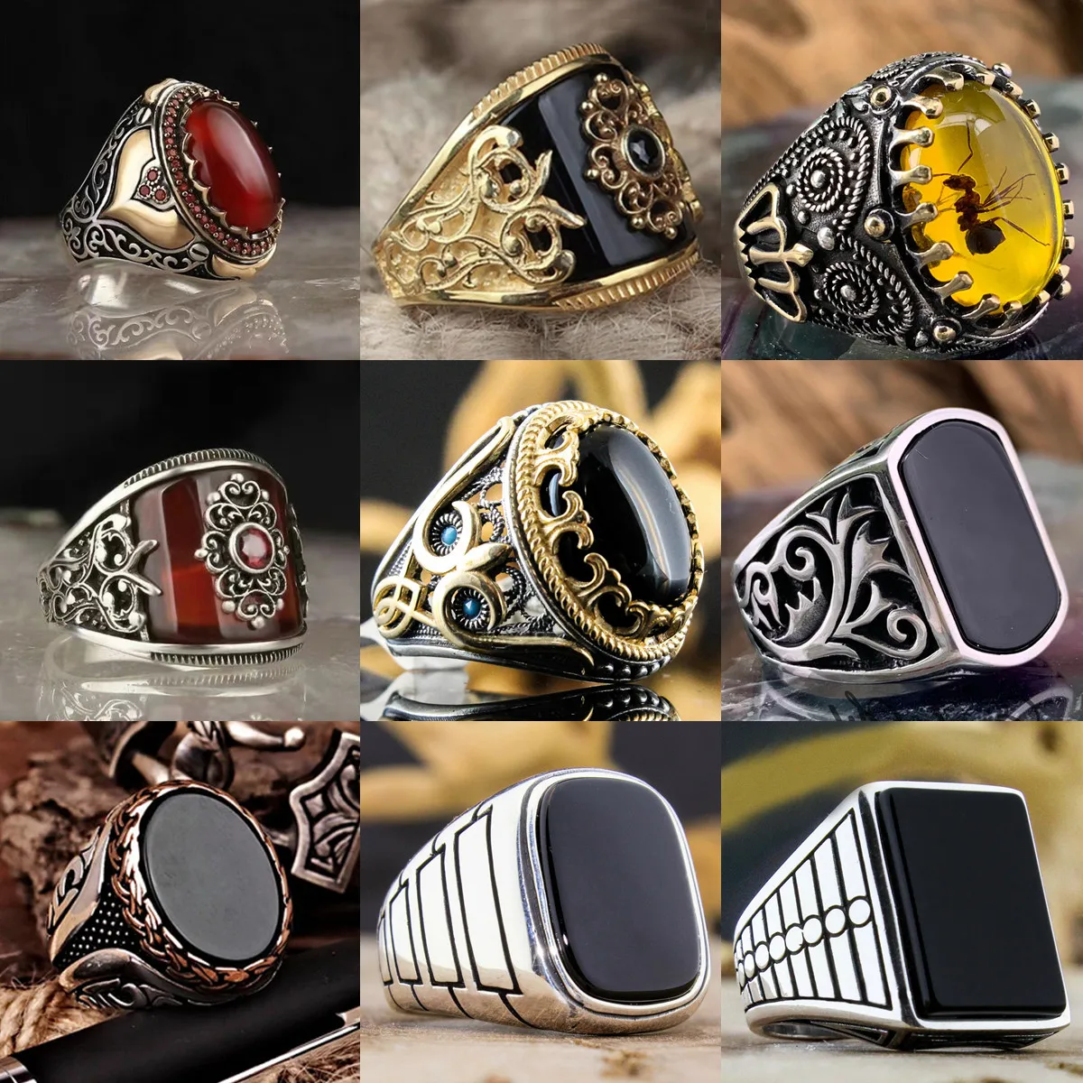 New Retro Turkish Handmade Silver Color Men Rings Vintage Carved Eagle Pattern Black Zircon Stone Rings 2022 Punk Muslim Jewelry