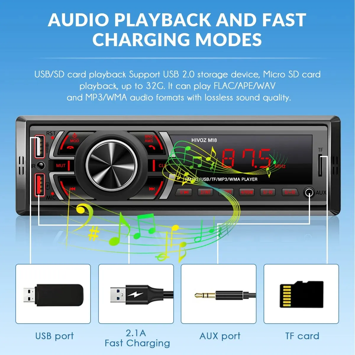 HIVOZ Car Stereo 1 Din Bluetooth MP3 Player 60Wx4 FM Radio Receiver with Remote Control BT/AUX/TF/USB Card In Dash