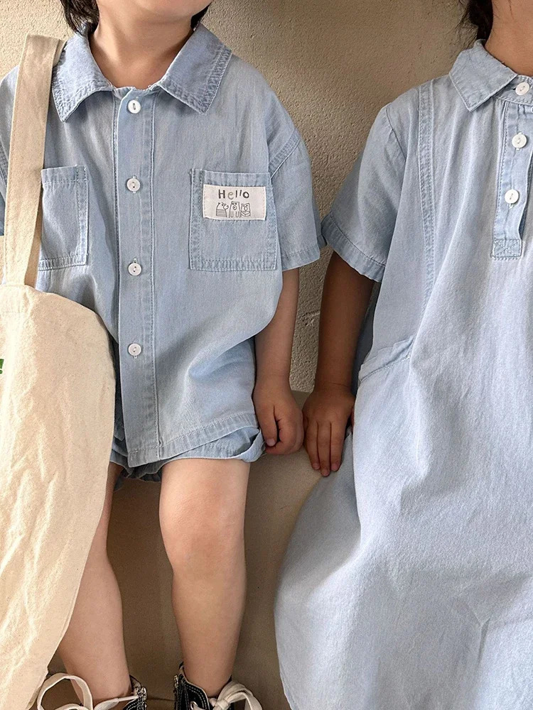 Cute Childrens Denim Suit 2024 Summer Korean Fashion Loose Short Sleeves Tops Shorts 2pcs Toddler Cotton Tees Suit Solid Color 240323