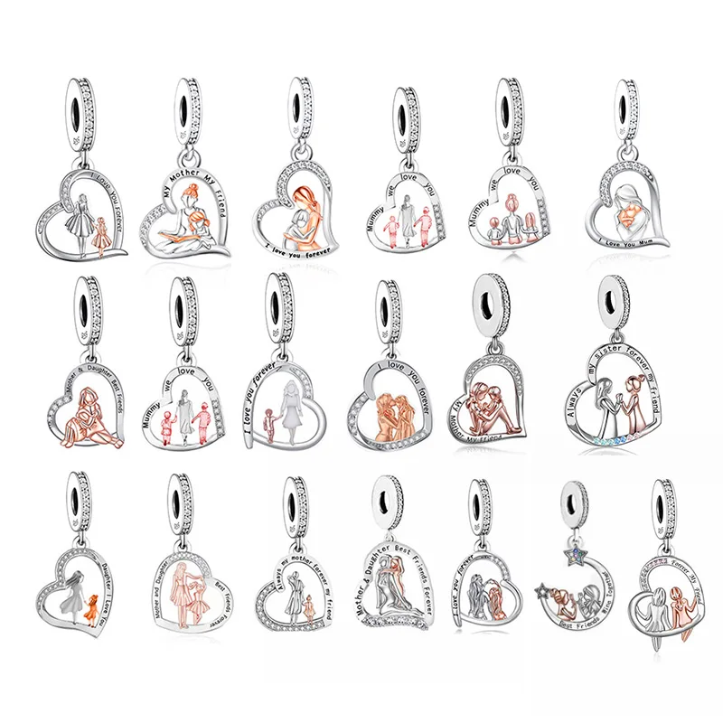 Fit Original Pan Charm Bracelet 925 Sterling Silver Mother and Two Children Mummy We Love You Bead For Making Women Berloque DIY