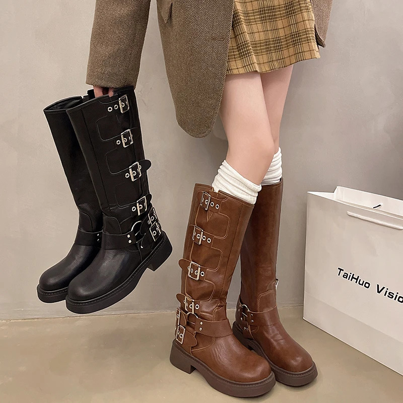 Autumn And Winter 2024 Vintage Thin Western Cowboy Boot Medium Heel Leather Cavalry Boots