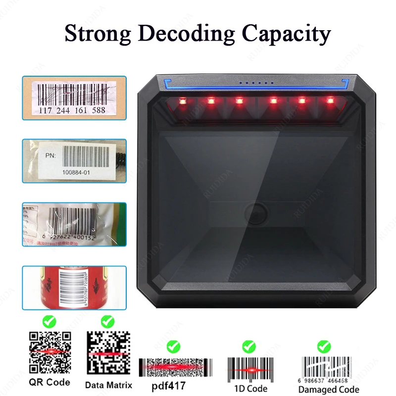 2D Desktop Barcode Scanner Omnidirectional Hands-Free Wired USB Big Barcode Reader 1D QR Screen Barcodes Scanning Scanner