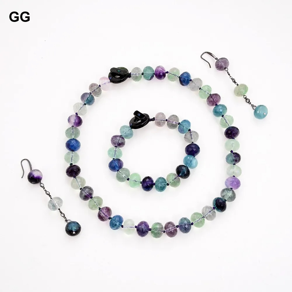 GG Natural Green Purple Facial Rondelle Fluorite Gemstone Necklace Bracelet Earring Set 241031