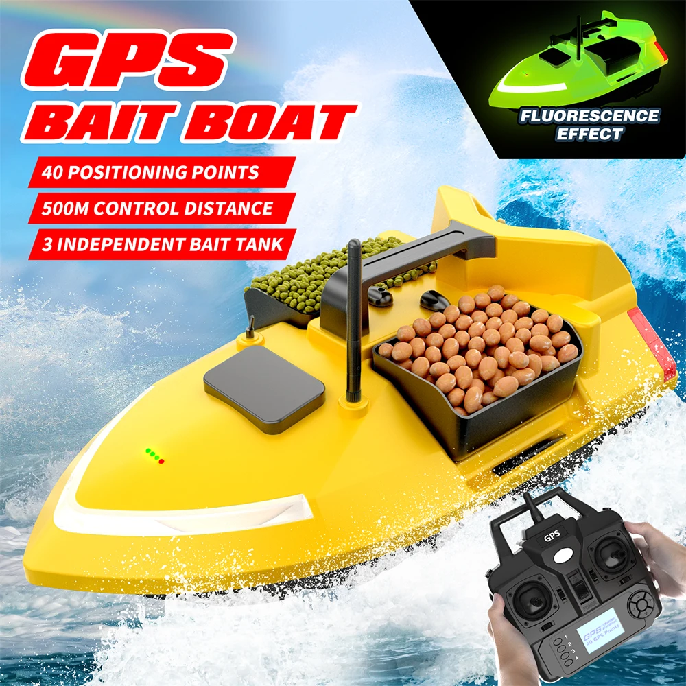 Fluorescent RC Bait Boat Yellow V020 Sonar Smart 40 Points GPS Auto Return 2KG Loading 500M Night Lights For Fishing Fish Finder