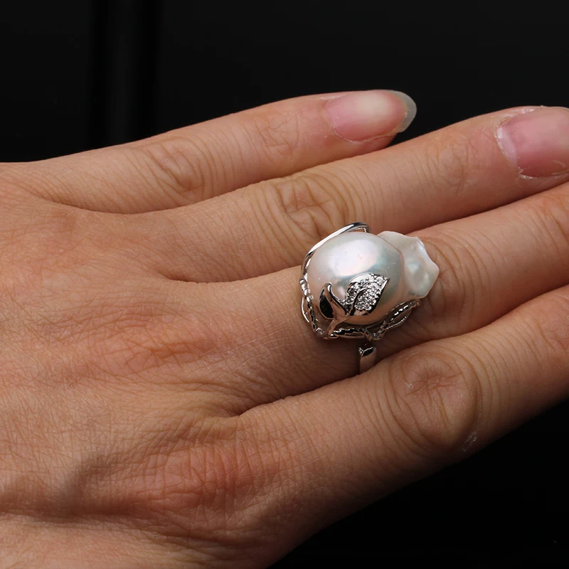 100% Real Freshwater Natural Baroque Pearl Ring For Women,wedding Adjustable Big Pearl Ring Female White