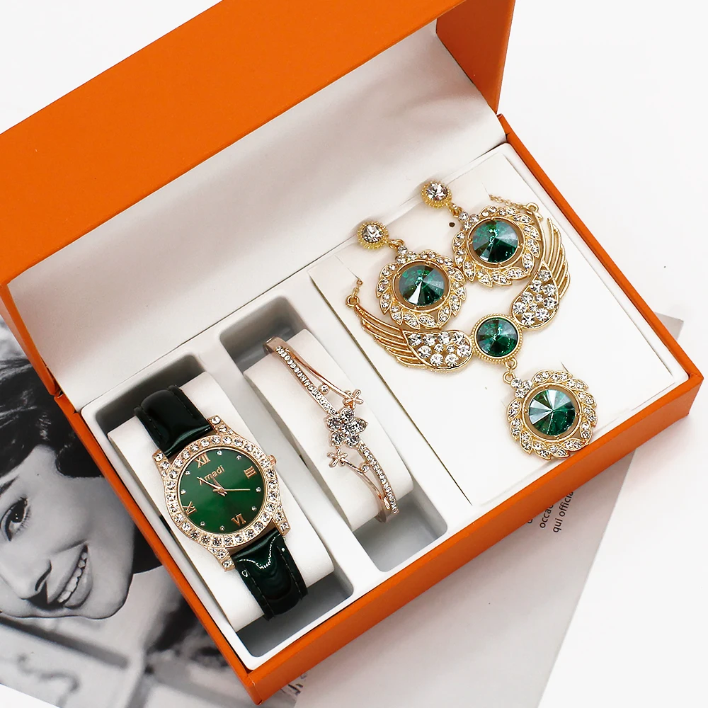 4pcs Set Watches Women Leather Band Watch Casual Womens Analog WristWatch Bracelet Pendants Earrings Gift Set Montre Femme+Box