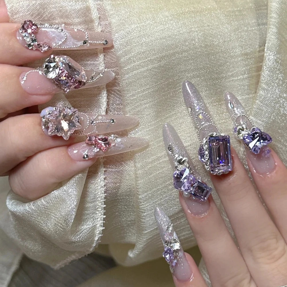 10 handmade pressed nails long almond fake nails limited edition 3D diamond n for Christmas and Year with set 241031