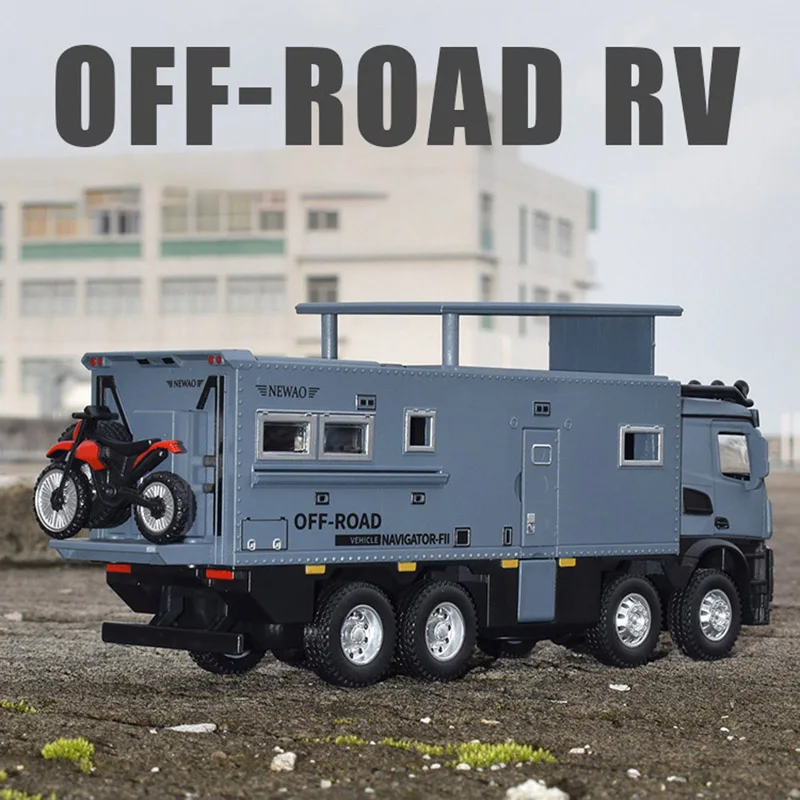 1/28 Arocs Unimog Alloy Motorhome Touring Car Model Diecast Metal Off-road RV Vehicles Model Sound and Light Children Toy Gift