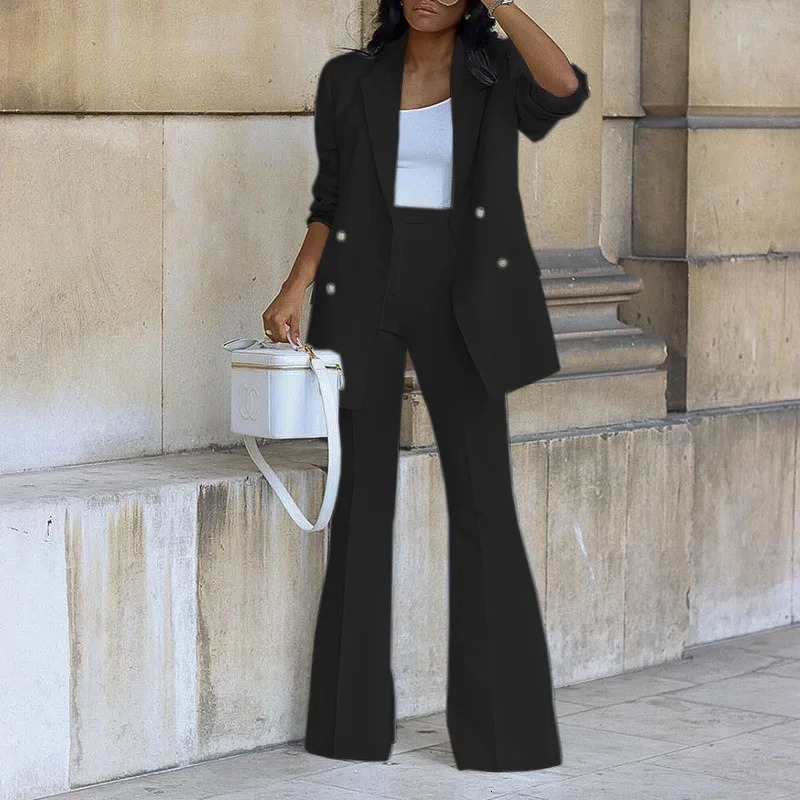 Womens clothing autumn solid color casual suit wide leg pants set two-piece set ensemble womens two-piece set 241031